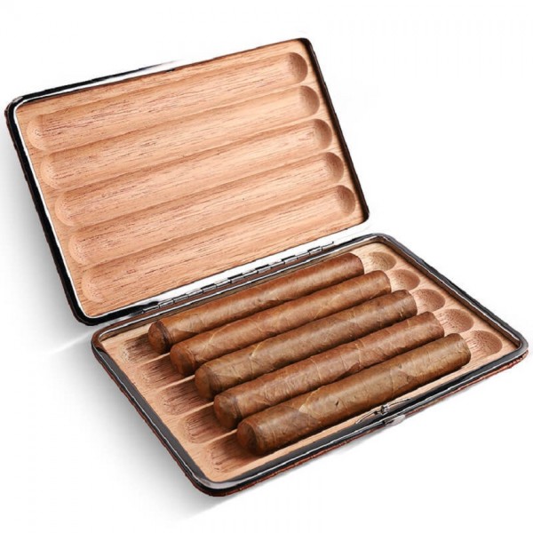 Bao da đựng xì gà Lubinski YJA 5009, 5 điếu, bọc gỗ mẫu mới 2023