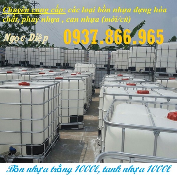 Bồn nhựa cũ, bồn hóa chất 1000l, tank nhựa IBC, bồn nhựa trắng có khung sắt bao quanh