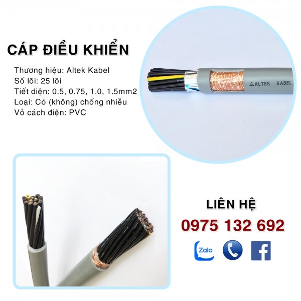 Cáp điều khiển PVC/PVC/CU 25x0.75 có lưới chống nhiễu hoặc không lưới