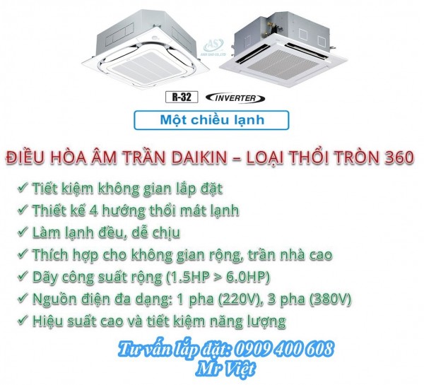 Điều hòa âm trần Daikin FCFC Inverter, Gas R32 – Thổi tròn 360 độ, 18 chế độ thổi