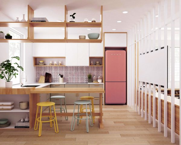 F5 căn bếp bằng tông màu hồng lãng mạn