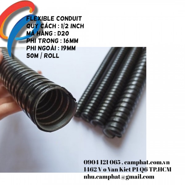 Ống ruột gà lõi thép phi 1/2 inch bọc nhựa PVC