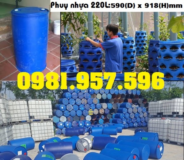 Phuy nhựa cũ nắp kín, phuy nhựa cũ 2 nắp nhỏ, phuy nhựa 220L