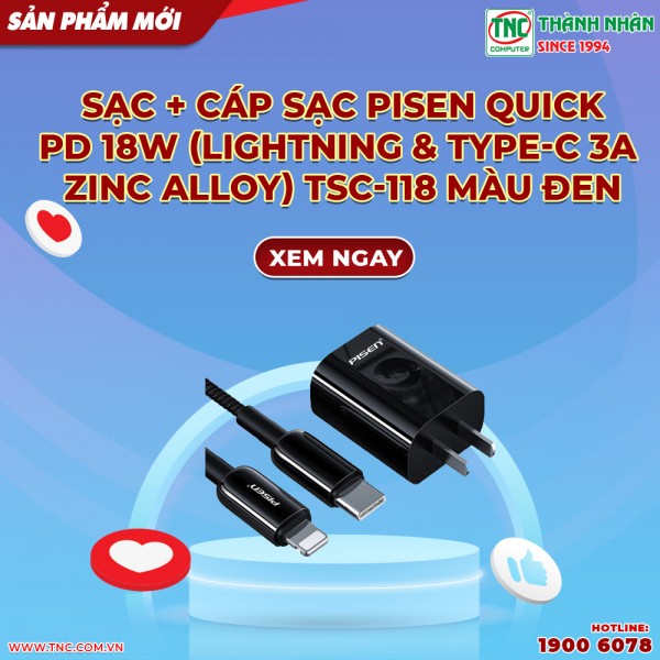 Sạc + Cáp sạc Pisen Quick PD 18W (Lightning & Type-C 3A ZINC Alloy) TSC-118 màu đen