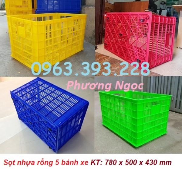 Sọt nhựa rỗng đựng hàng có bánh xe, sóng nhựa hở 5 bánh, sọt nhựa công nghiệp