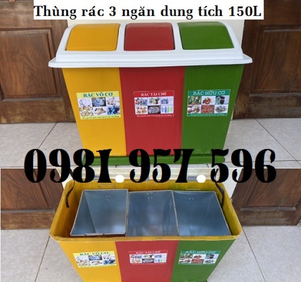 Thùng phân loại rác, thùng đựng rác 3 ngăn, thùng rác chia ngăn
