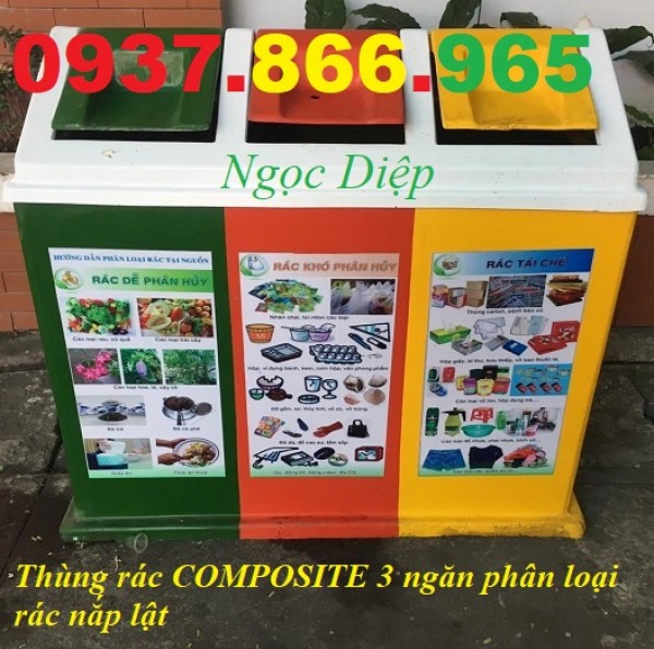 Thùng rác 3 ngăn nắp lật, thùng rác composite PRL3-50