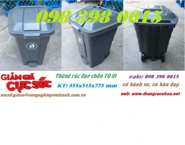 Thùng rác đạp chân 70 lít- nhựa HDPE, 02 Bánh xe