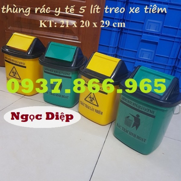 Thùng rác nắp lật 5 lít, thùng rác y tế 5 lít treo xe tiêm, thùng rác xe tiêm 5 lít