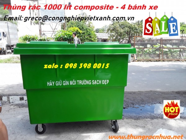 Thùng rác nhựa composite 1000L 4 bánh xe