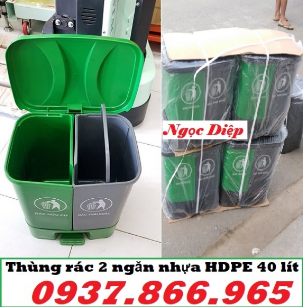 Thùng rác nhựa HDPE 2 ngăn, thùng rác 40 lít, thùng rác nhập khẩu, thùng phân loại rác 2 ngăn