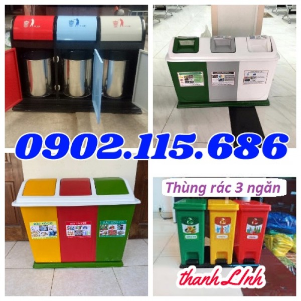 Thùng rác nhựa, thùng đựng rác 3 ngăn, thùng phân loại rác thải,