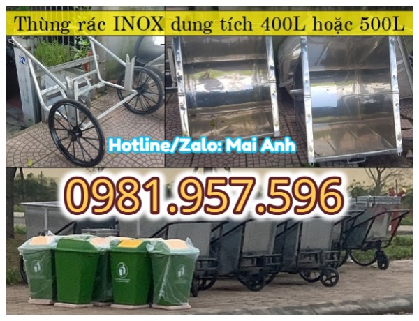 Xe đẩy rác tay 400L, xe đẩy rác inox 500L, xe gom rác đẩy tay