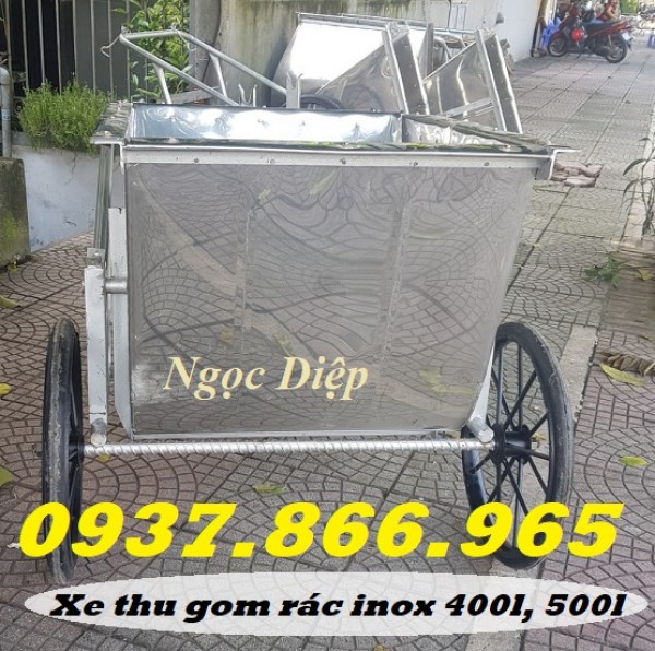 Xe đẩy thu gom rác, xe gom rác đẩy tay inox, xe rác inox 3 bánh