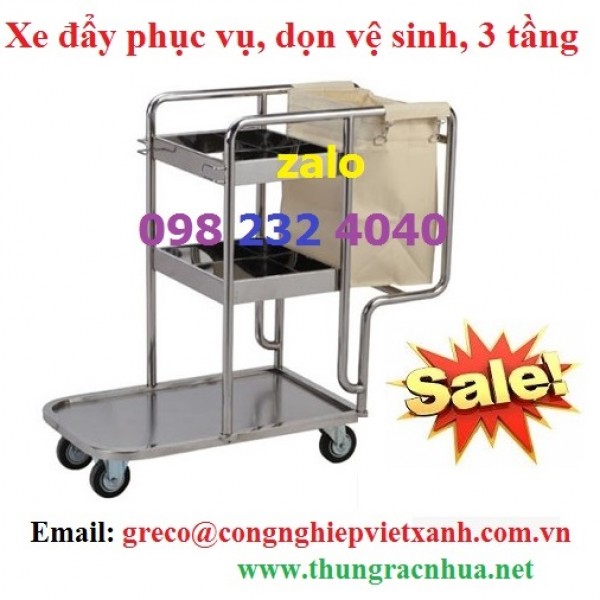 Xe dọn vệ sinh 3 tầng, xe đẩy phục vụ