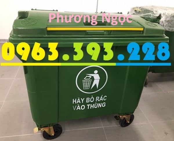 Xe gom rác nhựa 660 Lít, xe rác nhựa 4 bánh xe, thùng rác 660L nhựa HDPE