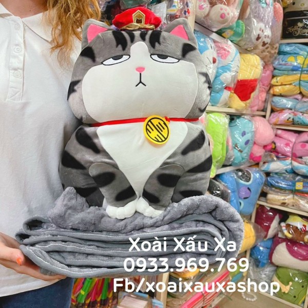 [Xoài Xấu Xa Shop] Bộ mền và gối 2 trong 1 mèo xám gấu bông siêu đáng yêu tiện lợi dễ thương 